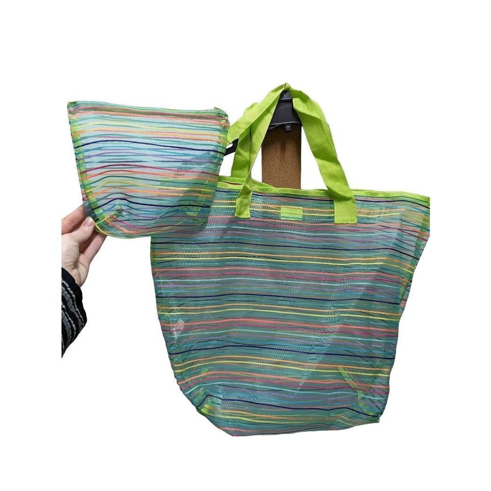 Green Rainbow Beach Shopping Tote Shoulder Bag Large 20"X16" with Smaller Matchi - Picture 1 of 12